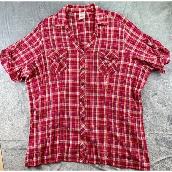 JMS JUST MY SIZE  Plaid Short Sleeve Button Up Blouse Top Sz 4X Pink Tab Sleeves - Picture 1 of 12